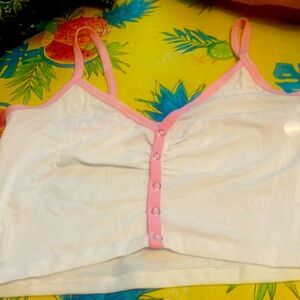 PAC cares size large crop button top white with pink trim new